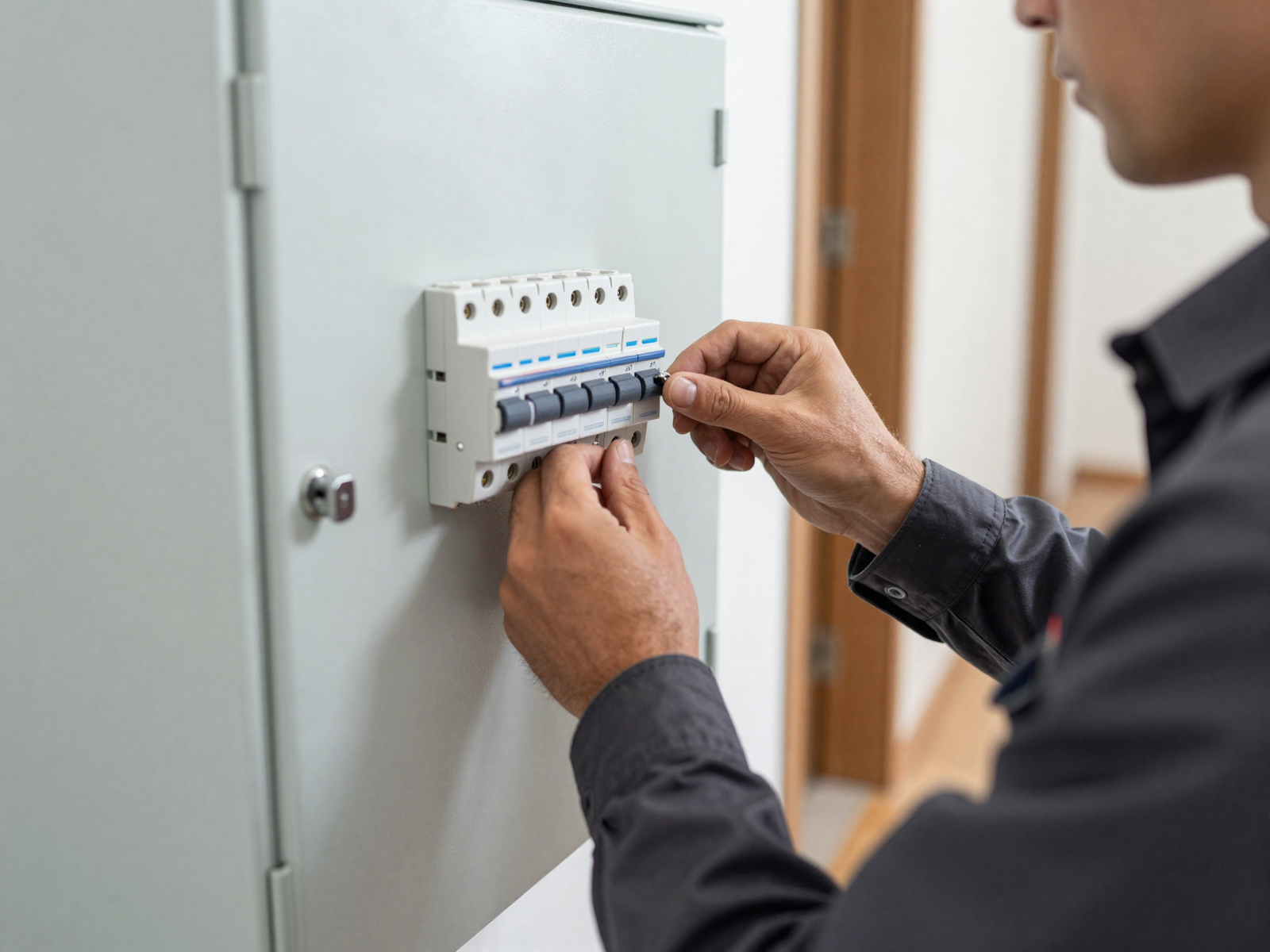 Electrician installing residential electrical panel